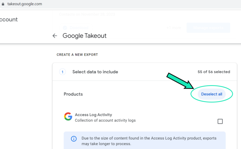Google Takeout window; 'Deselect all' highlighted