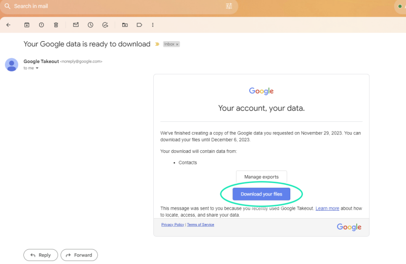 Google Takeout email opened, 'Download your files' button highlighted