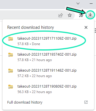 Browser downloads icon highlighted; takeout .zip file highlighted