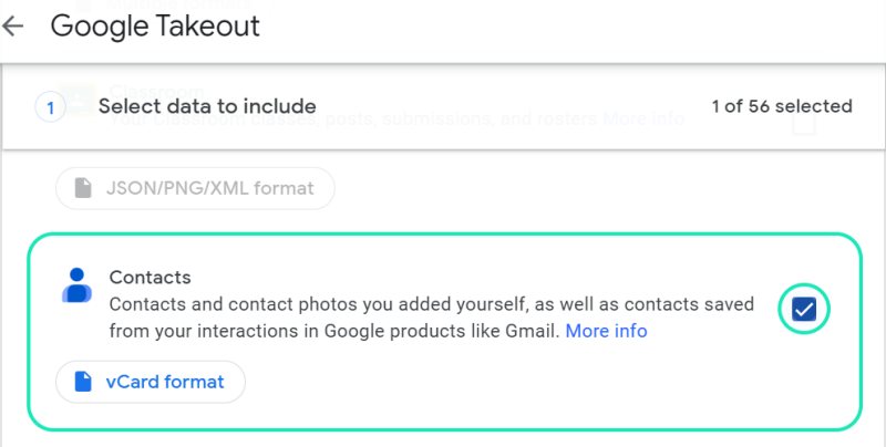 Google Takeout window; 'Contacts,' check box hightlighted
