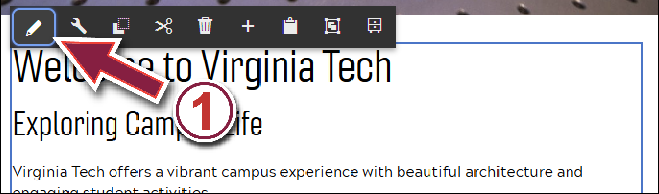 Ensemble Editor window; the text component has been selected so that the pop-up menu bar appears. The 'Edit' button is highlighted.