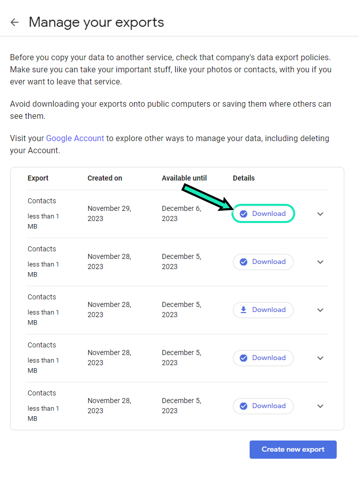 Manage Exports window; manual Download button highlighted