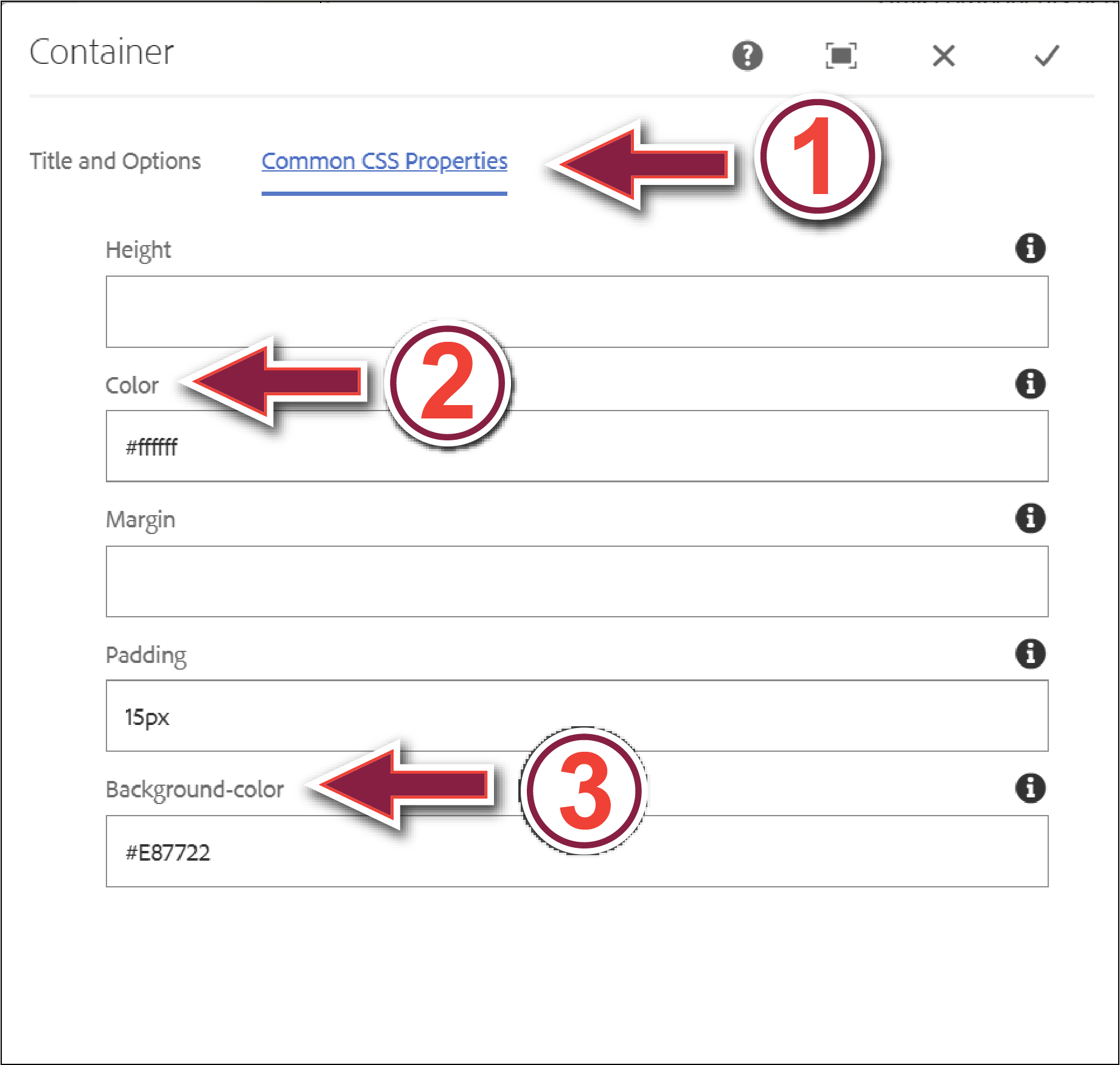 Ensemble's container configuration window, with the common css properties tab highlighted. The color textbox and the background-color textbox are also highlighted.