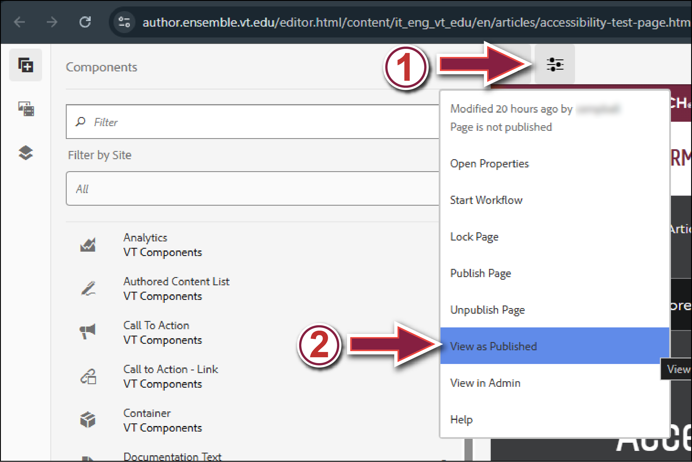 The ensemble editor with the page information icon and the view as published option both highlighted