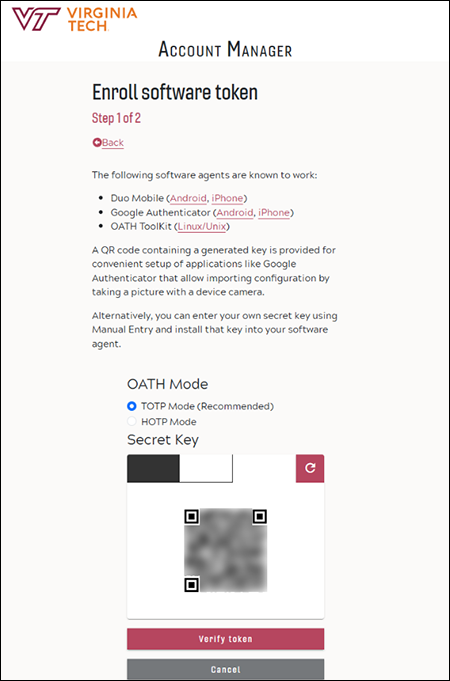 Screenshot of the Enroll Software Token page,  specifically focused on showing that you need to have TOTP selected and that a QR code is there to read and verify.