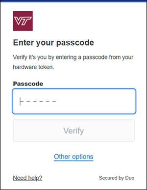 Screenshot of 'Enter your passcode' screen on primary device. Has a text entry field to put the code in, a Verify Button, and an Other Options choice.