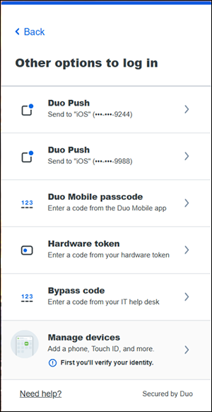 Window showing Other options to log in, such as duo push, mobile passcode, hardware token, bypass code, and manage devices