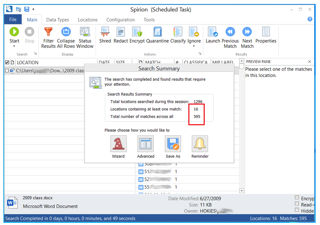 Spirion Screenshot showing positive high risk data found