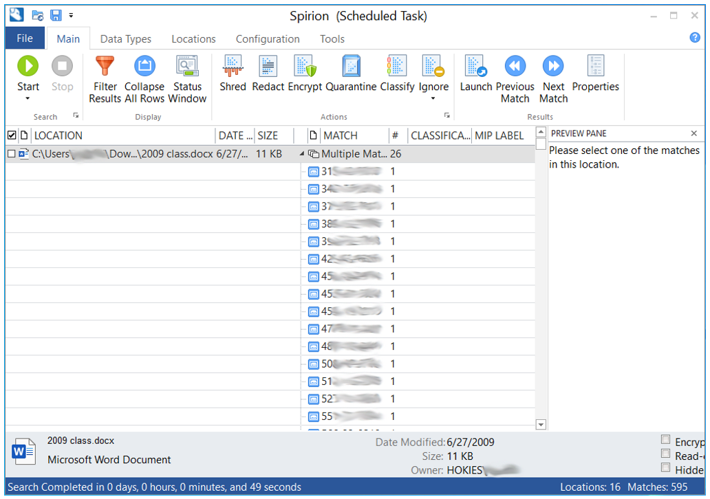 Spirion Screenshot showing long list of each found data in a single location