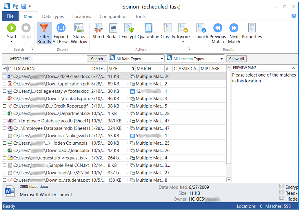 Spirion Screenshot showing list of all locations high risk data was found