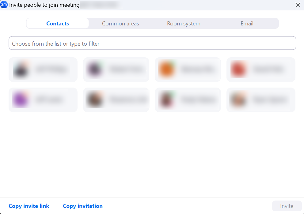 screenshot of zoom's invite window, search bar, and options