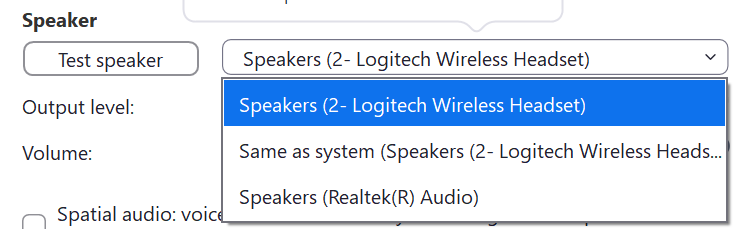 screenshot of zoom's speaker selection menu