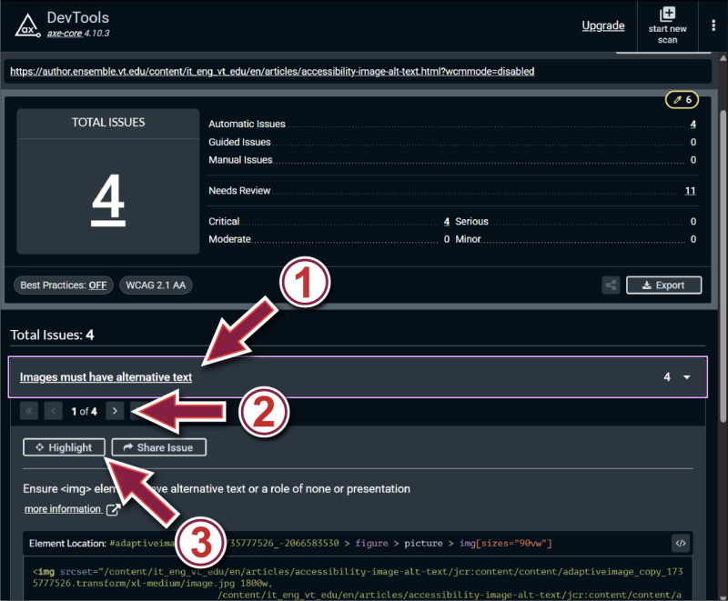 the axe devtools scan results window with the issue group labeled 'Images must have alternative text' highlighted. The navigation arrows and the highlight button are also highlighted.