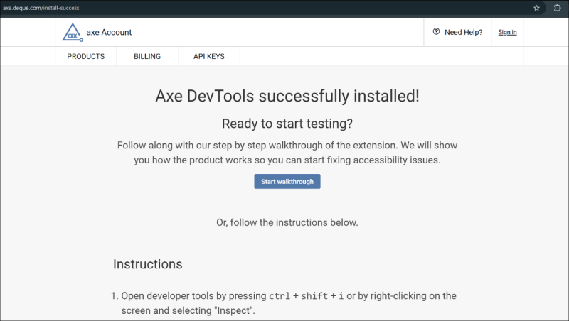 Screenshot of the install success page for the axe devtools browser extension install.