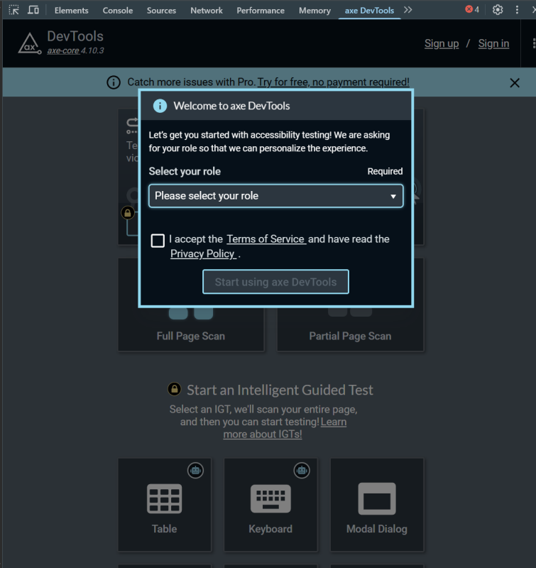 screenshot of the axe devtools window, with an additional welcome pop-up window with a few set up steps to complete.