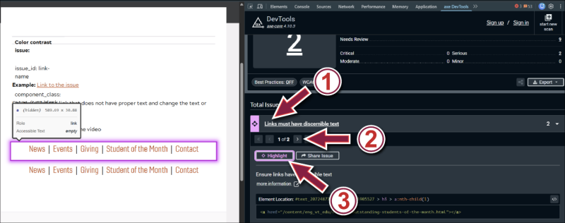 The axe Devtools full page scan results window, with the 'links must have discernable text' issue group highlighted, the navigation arrows highlighted, and the 'highlight' button highlighted.