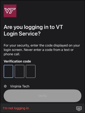 Phone Screenshot of Duo screen with VT logo, asking you to enter a 3 digit code.
