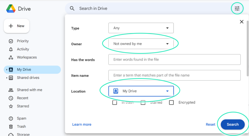 Google Drive Advanced Search menu; owner and location fields, 'Search' icon highlighted