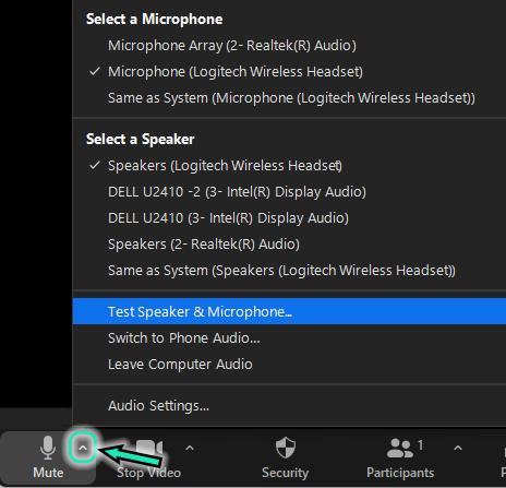 zoom; 'Test Speaker & Microphone' highlighted