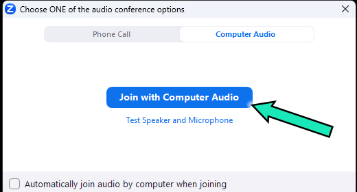 Zoom audio conference options window; 'Join with Computer Audio' highlighted